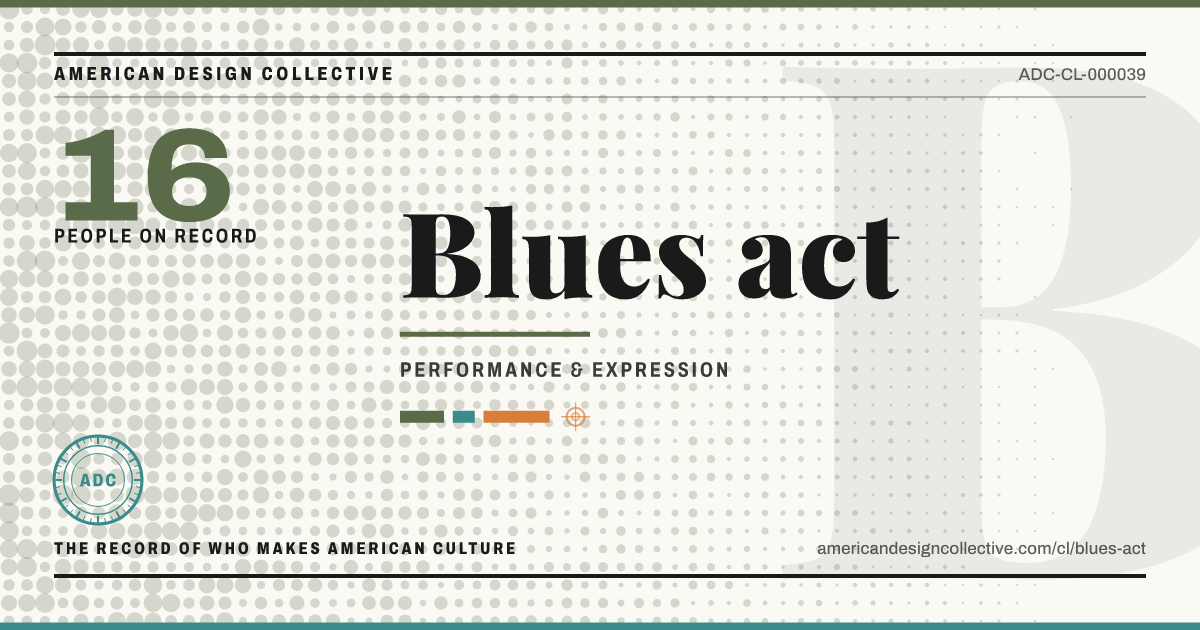 Registry card for Blues act: the ADC seal, Blues act, and how much is on record.