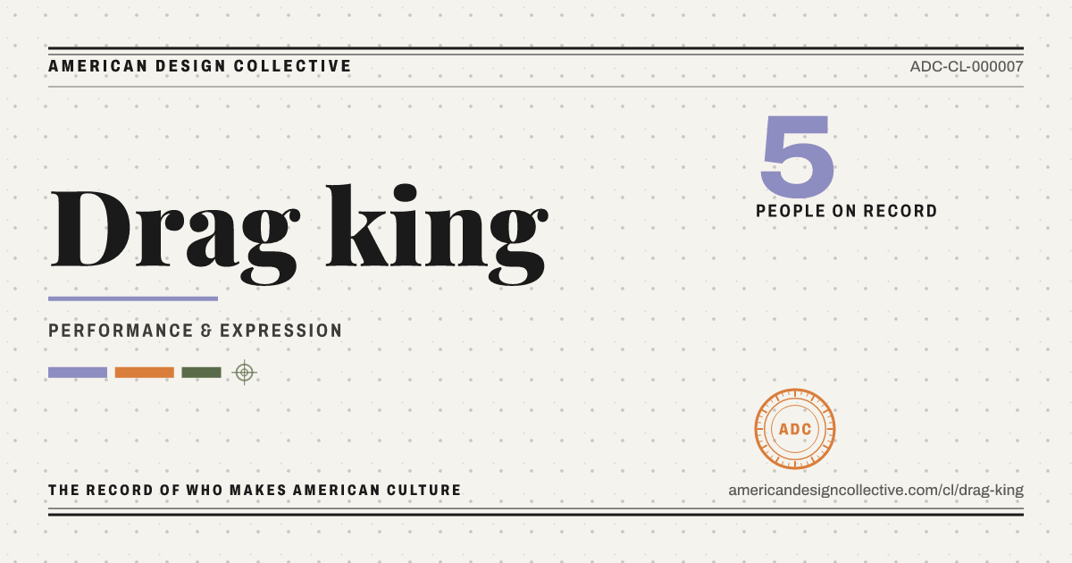 Registry card for Drag king: the ADC seal, Drag king, and how much is on record.