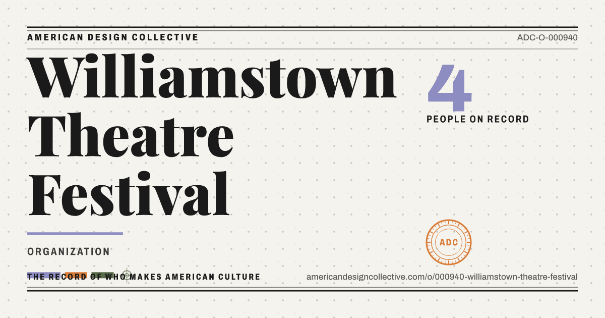 Registry card for Williamstown Theatre Festival: the ADC seal, Williamstown Theatre Festival, and how much is on record.