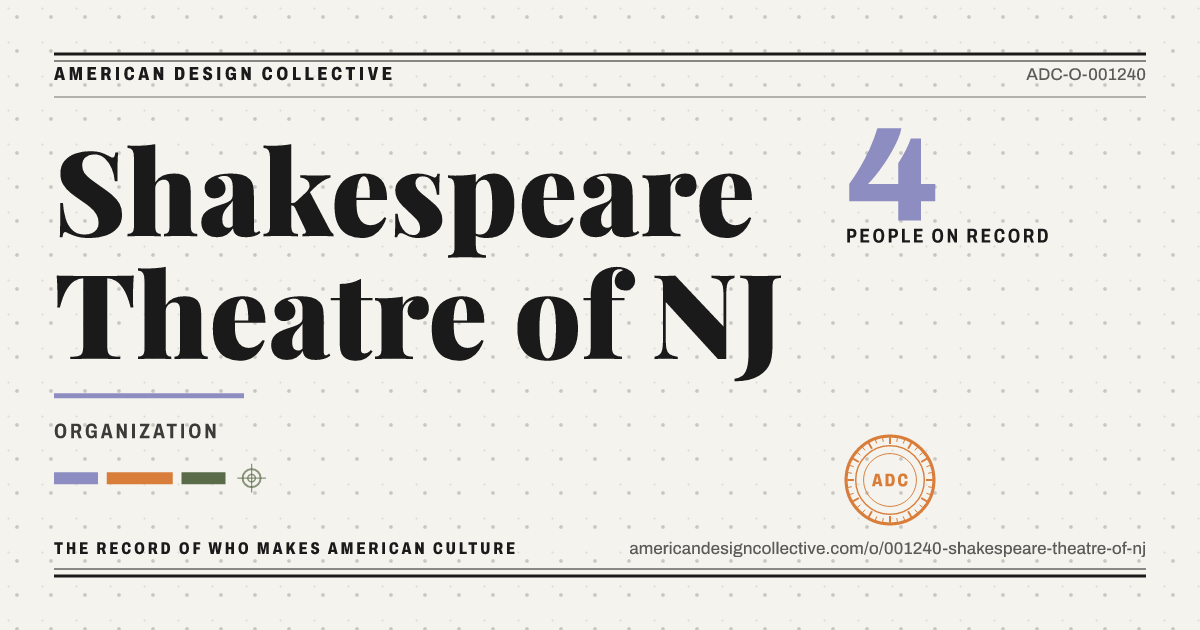 Registry card for Shakespeare Theatre of NJ: the ADC seal, Shakespeare Theatre of NJ, and how much is on record.