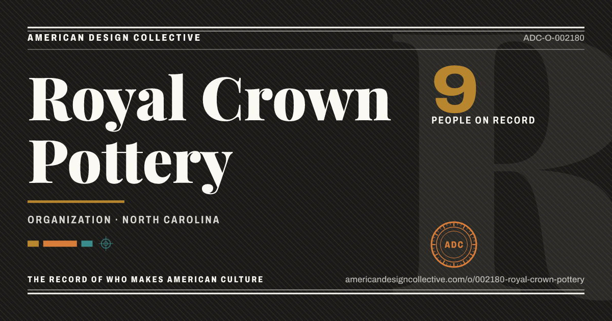 Registry card for Royal Crown Pottery: the ADC seal, Royal Crown Pottery, and how much is on record.