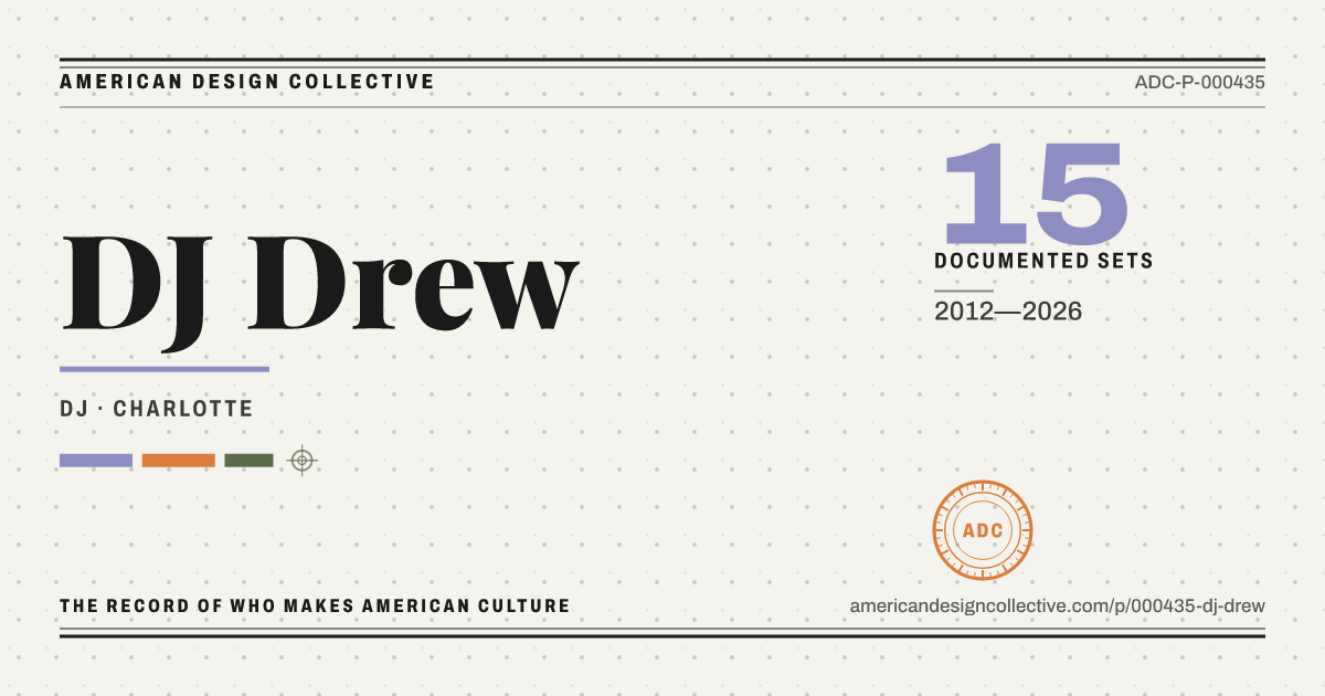 Registry card for DJ Drew: the ADC seal, DJ Drew, and how much is on record.