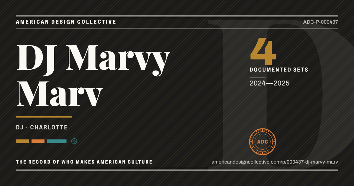 Registry card for DJ Marvy Marv: the ADC seal, DJ Marvy Marv, and how much is on record.