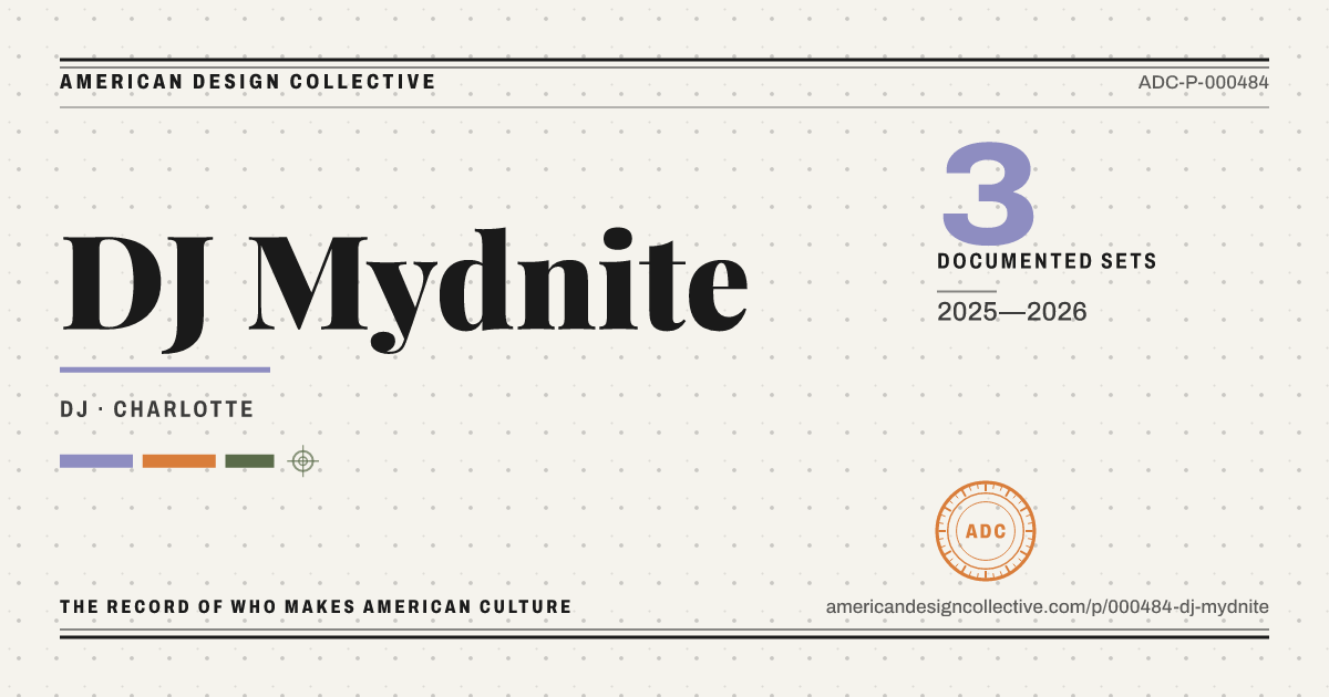 Registry card for DJ Mydnite: the ADC seal, DJ Mydnite, and how much is on record.