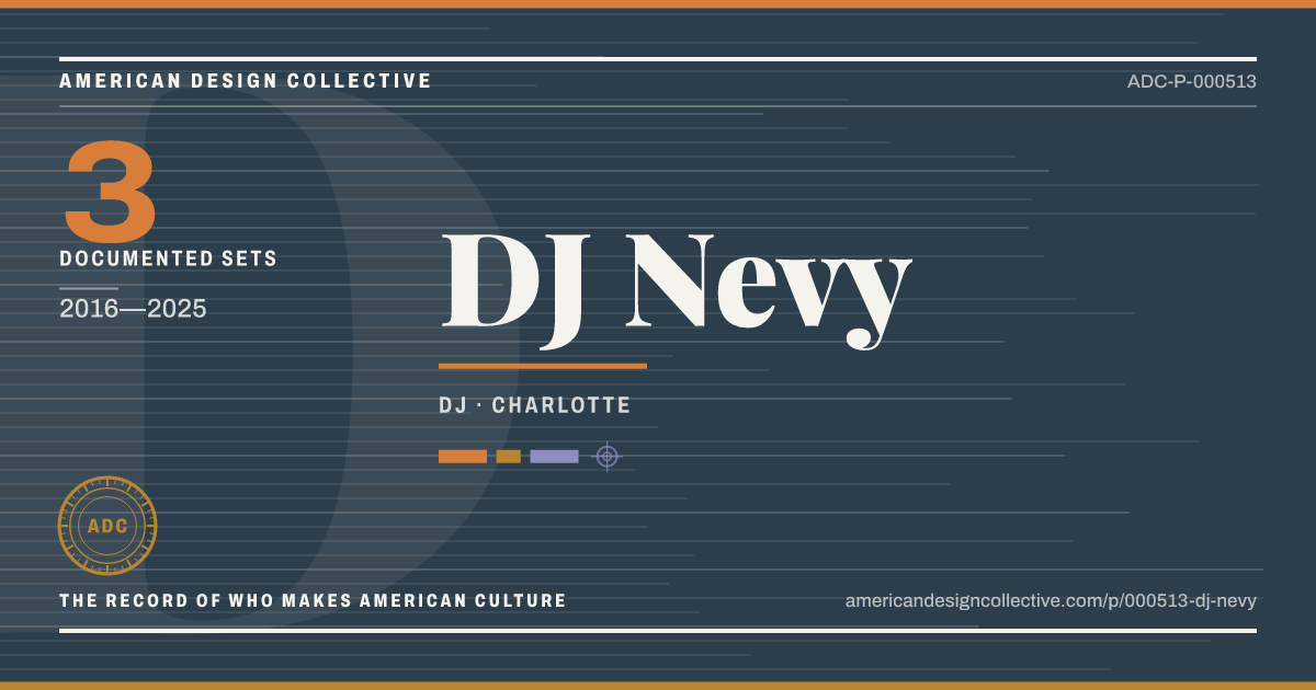 Registry card for DJ Nevy: the ADC seal, DJ Nevy, and how much is on record.