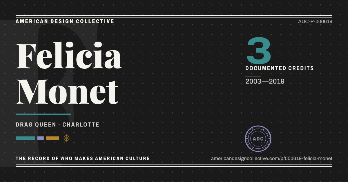 Registry card for Felicia Monet: the ADC seal, Felicia Monet, and how much is on record.