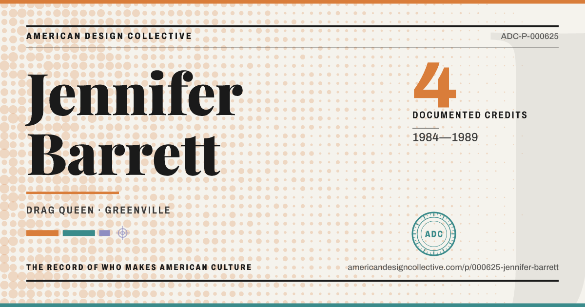 Registry card for Jennifer Barrett: the ADC seal, Jennifer Barrett, and how much is on record.