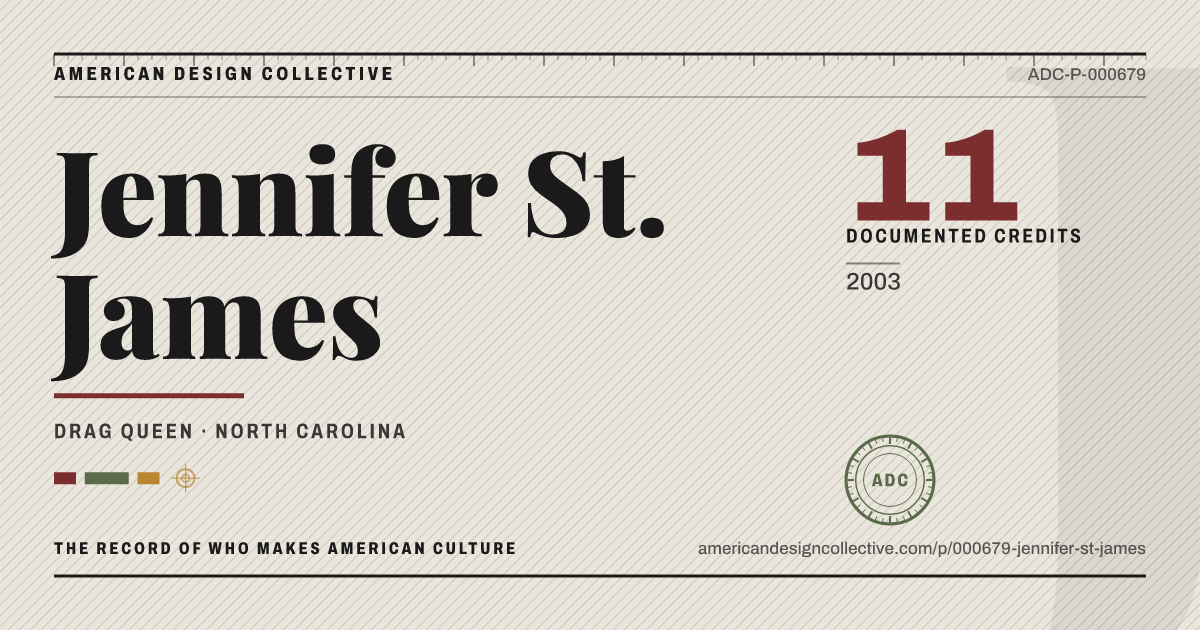 Registry card for Jennifer St. James: the ADC seal, Jennifer St. James, and how much is on record.