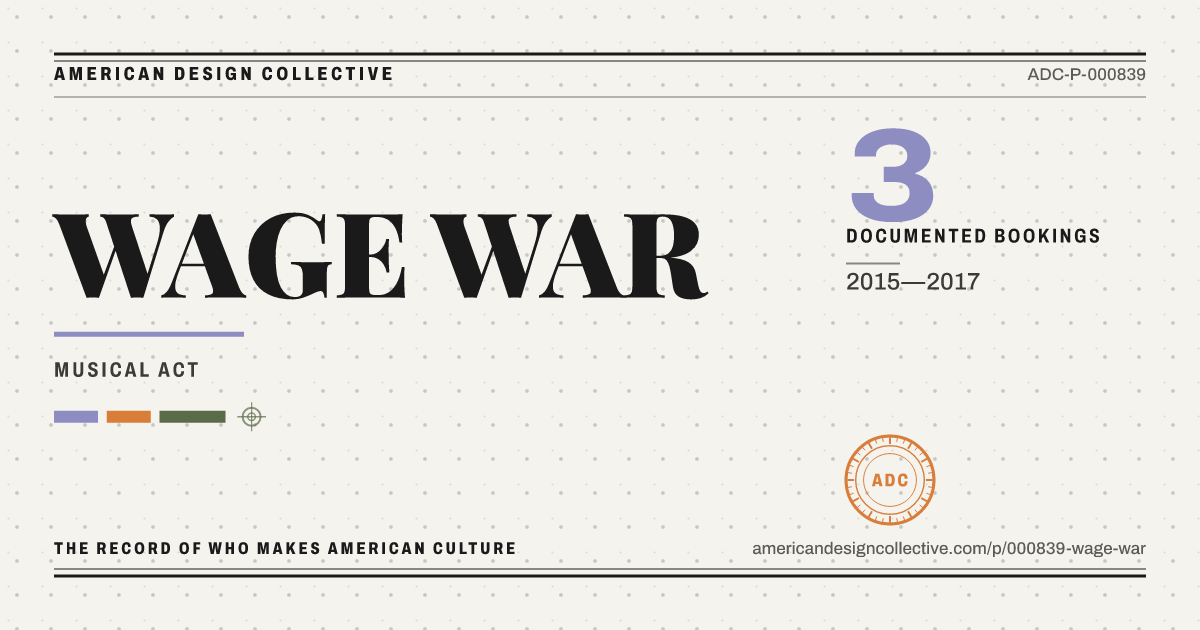 Registry card for WAGE WAR: the ADC seal, WAGE WAR, and how much is on record.