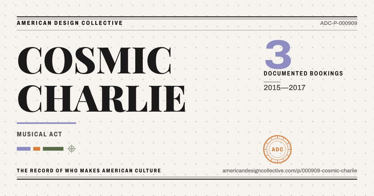 Registry card for COSMIC CHARLIE: the ADC seal, COSMIC CHARLIE, and how much is on record.