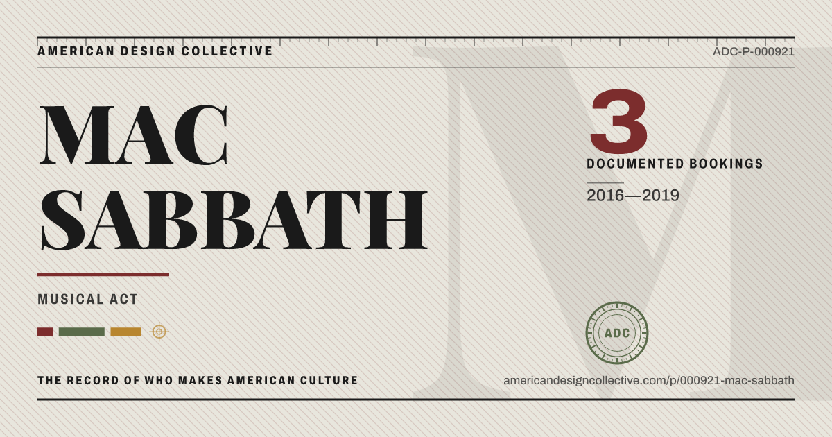 Registry card for MAC SABBATH: the ADC seal, MAC SABBATH, and how much is on record.