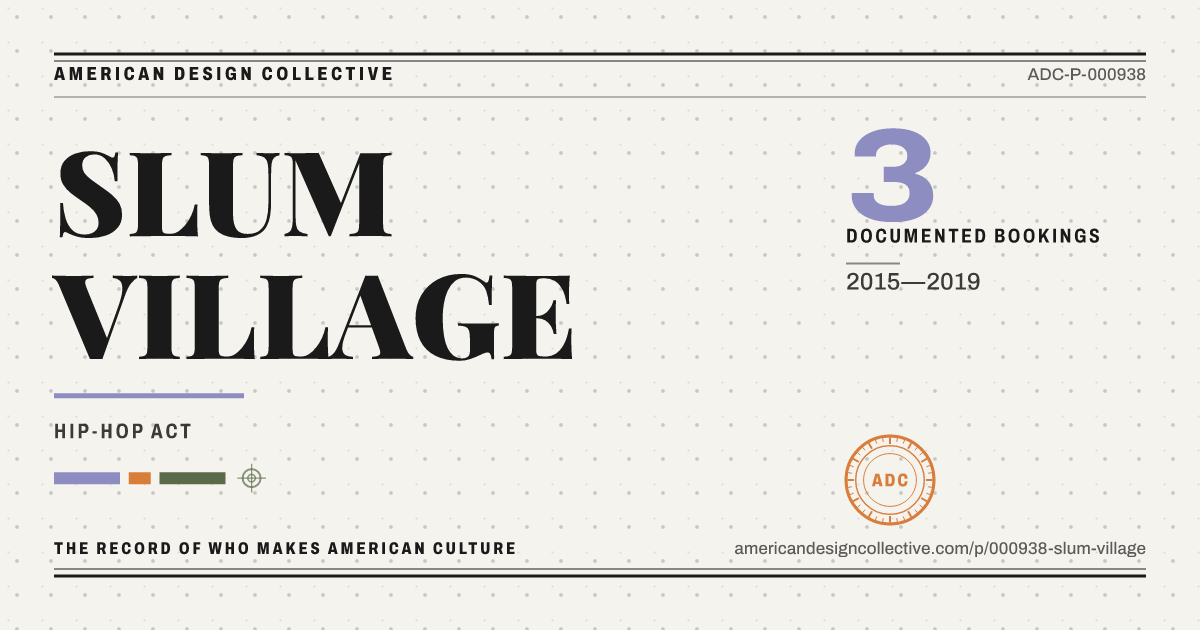 Registry card for SLUM VILLAGE: the ADC seal, SLUM VILLAGE, and how much is on record.