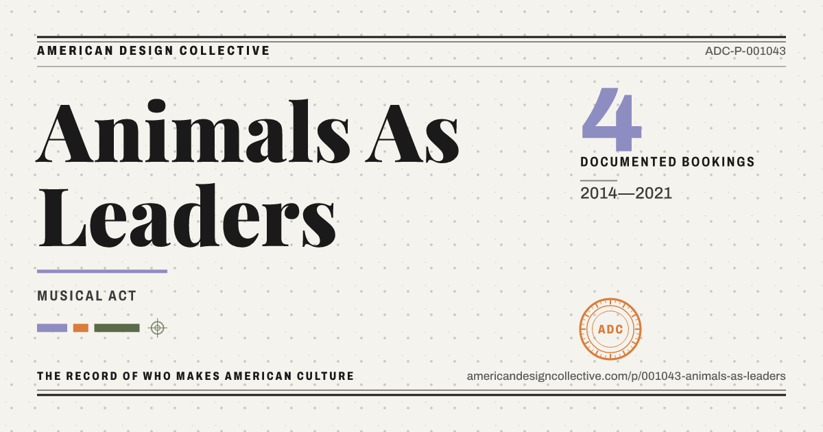 Registry card for Animals As Leaders: the ADC seal, Animals As Leaders, and how much is on record.