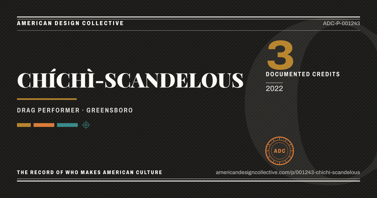 Registry card for CHÍCHÌ-SCANDELOUS: the ADC seal, CHÍCHÌ-SCANDELOUS, and how much is on record.