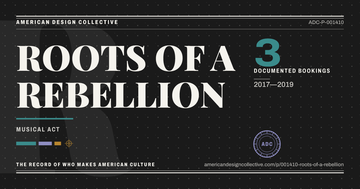 Registry card for ROOTS OF A REBELLION: the ADC seal, ROOTS OF A REBELLION, and how much is on record.