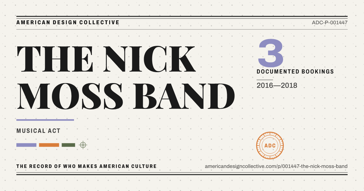 Registry card for THE NICK MOSS BAND: the ADC seal, THE NICK MOSS BAND, and how much is on record.