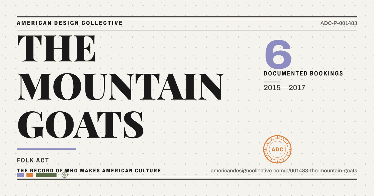 Registry card for THE MOUNTAIN GOATS: the ADC seal, THE MOUNTAIN GOATS, and how much is on record.