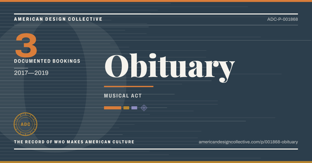 Registry card for Obituary: the ADC seal, Obituary, and how much is on record.