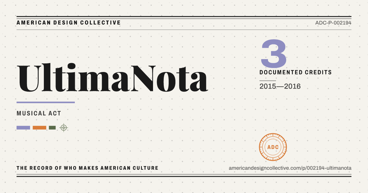 Registry card for UltimaNota: the ADC seal, UltimaNota, and how much is on record.