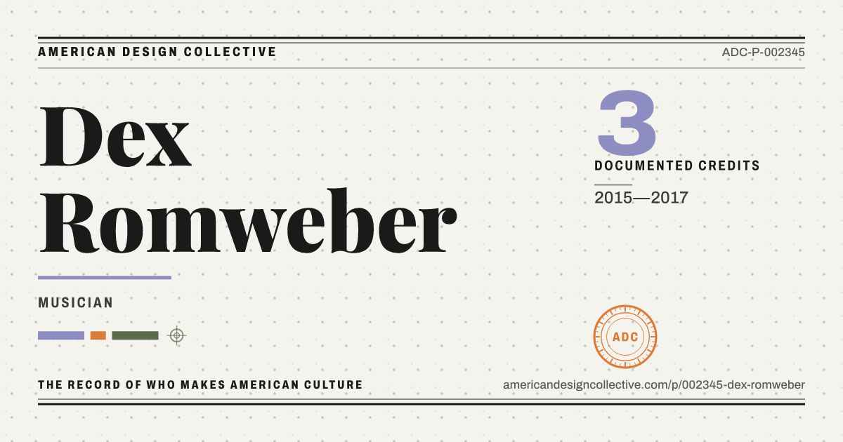 Registry card for Dex Romweber: the ADC seal, Dex Romweber, and how much is on record.
