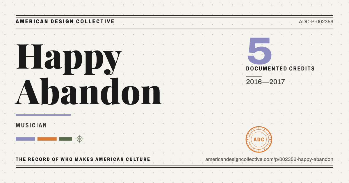 Registry card for Happy Abandon: the ADC seal, Happy Abandon, and how much is on record.