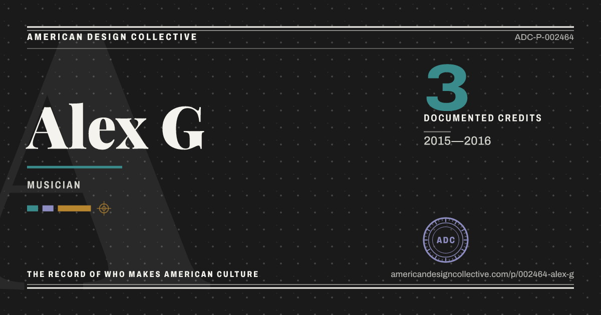 Registry card for Alex G: the ADC seal, Alex G, and how much is on record.
