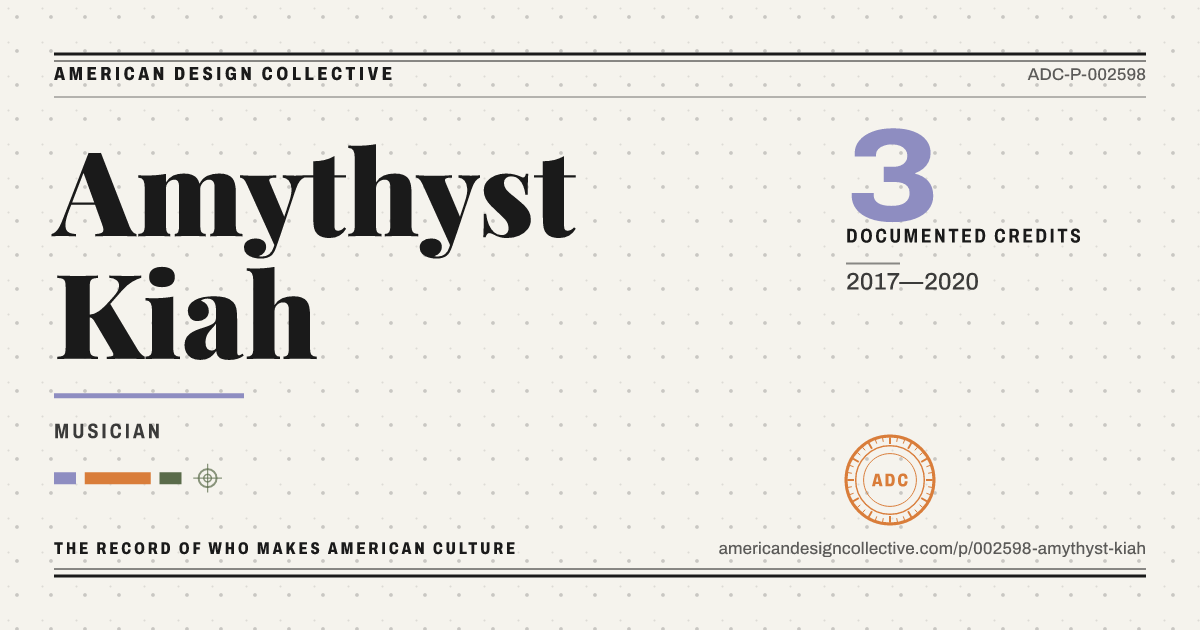 Registry card for Amythyst Kiah: the ADC seal, Amythyst Kiah, and how much is on record.
