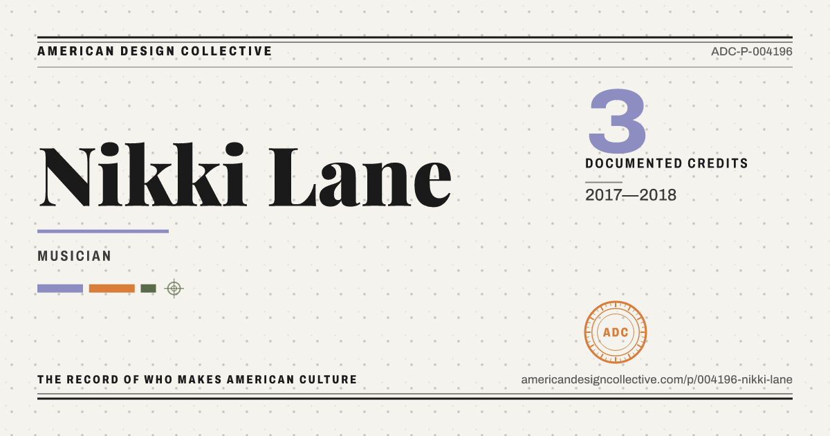 Registry card for Nikki Lane: the ADC seal, Nikki Lane, and how much is on record.