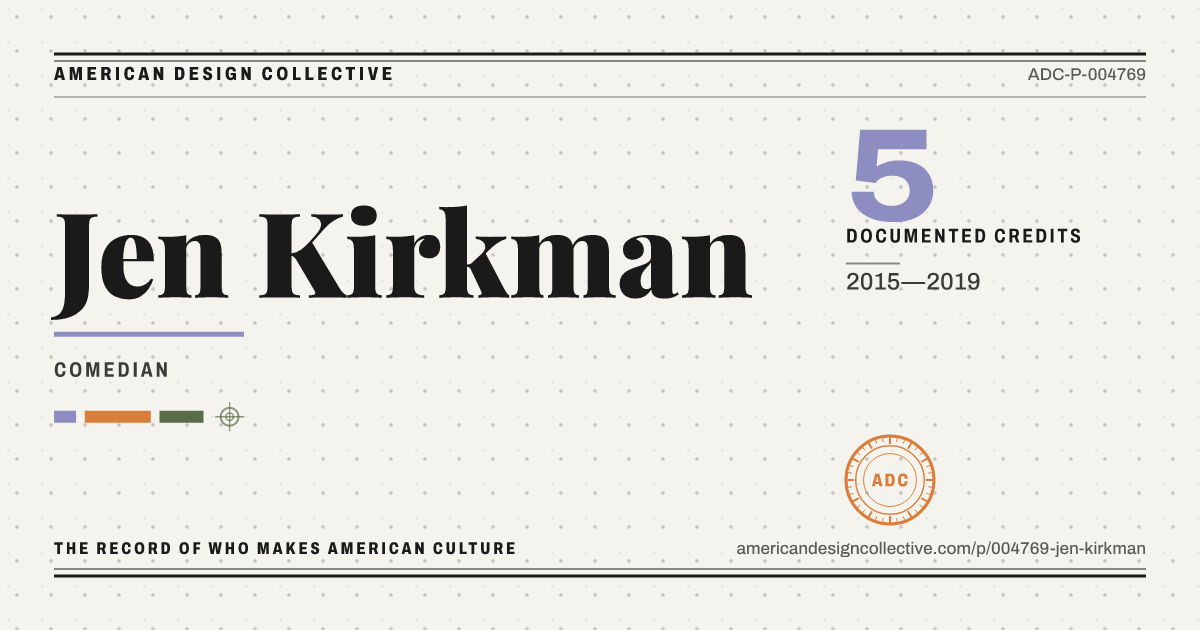 Registry card for Jen Kirkman: the ADC seal, Jen Kirkman, and how much is on record.