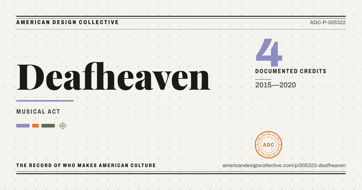 Registry card for Deafheaven: the ADC seal, Deafheaven, and how much is on record.