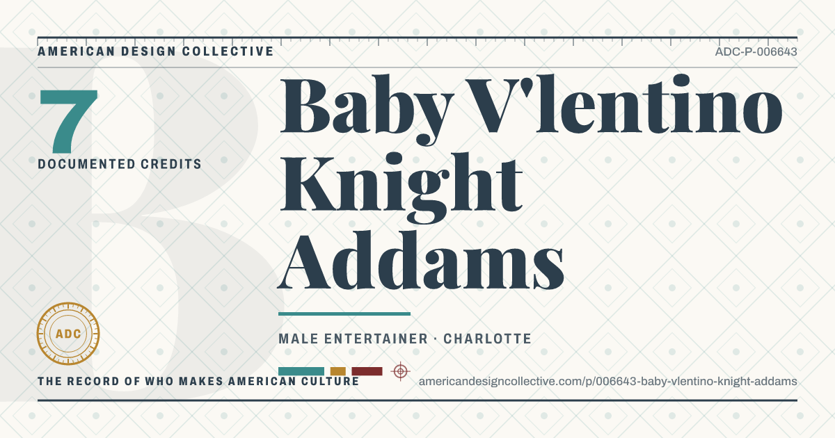 Registry card for Baby V'lentino Knight Addams: the ADC seal, Baby V'lentino Knight Addams, and how much is on record.