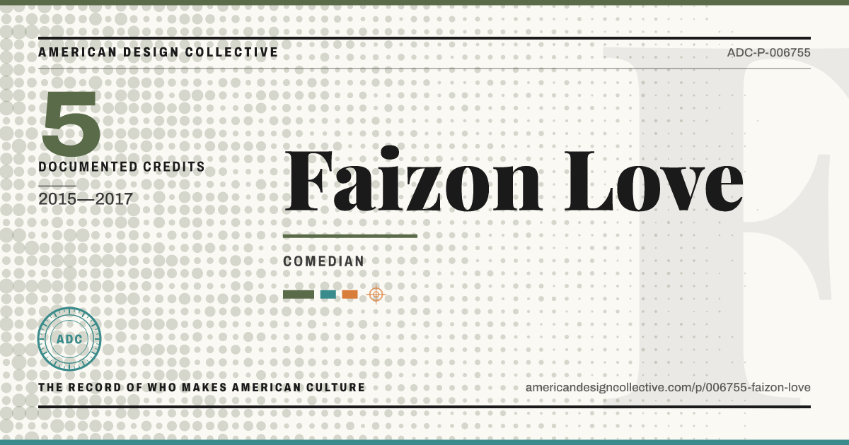 Registry card for Faizon Love: the ADC seal, Faizon Love, and how much is on record.
