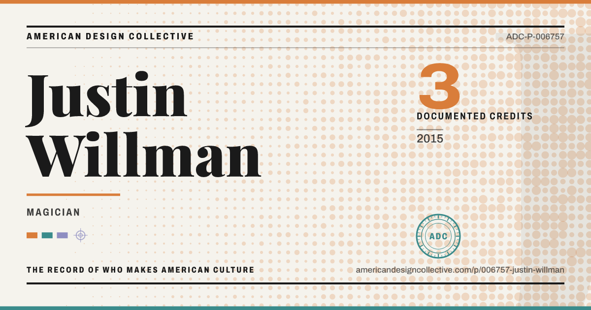 Registry card for Justin Willman: the ADC seal, Justin Willman, and how much is on record.