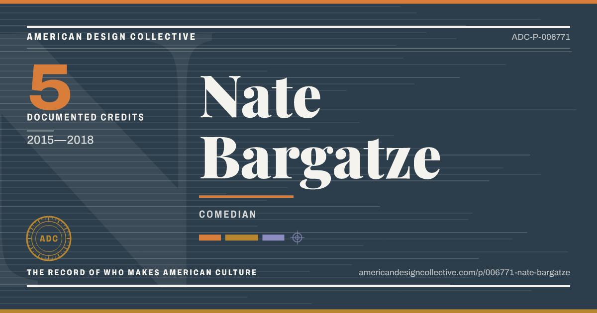 Registry card for Nate Bargatze: the ADC seal, Nate Bargatze, and how much is on record.