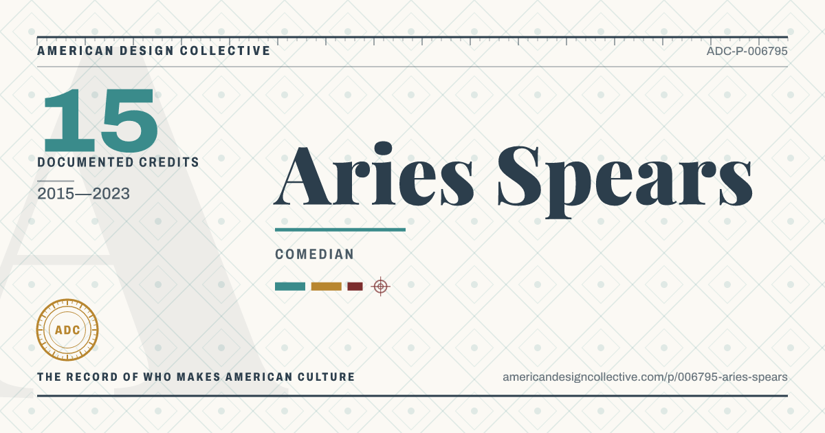 Registry card for Aries Spears: the ADC seal, Aries Spears, and how much is on record.