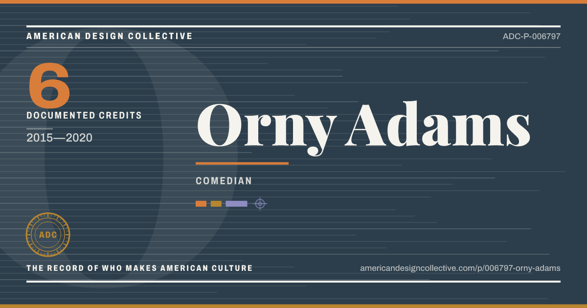 Registry card for Orny Adams: the ADC seal, Orny Adams, and how much is on record.