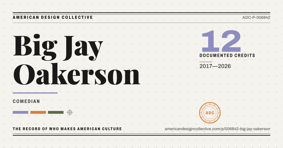 Registry card for Big Jay Oakerson: the ADC seal, Big Jay Oakerson, and how much is on record.