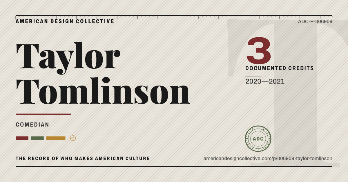 Registry card for Taylor Tomlinson: the ADC seal, Taylor Tomlinson, and how much is on record.