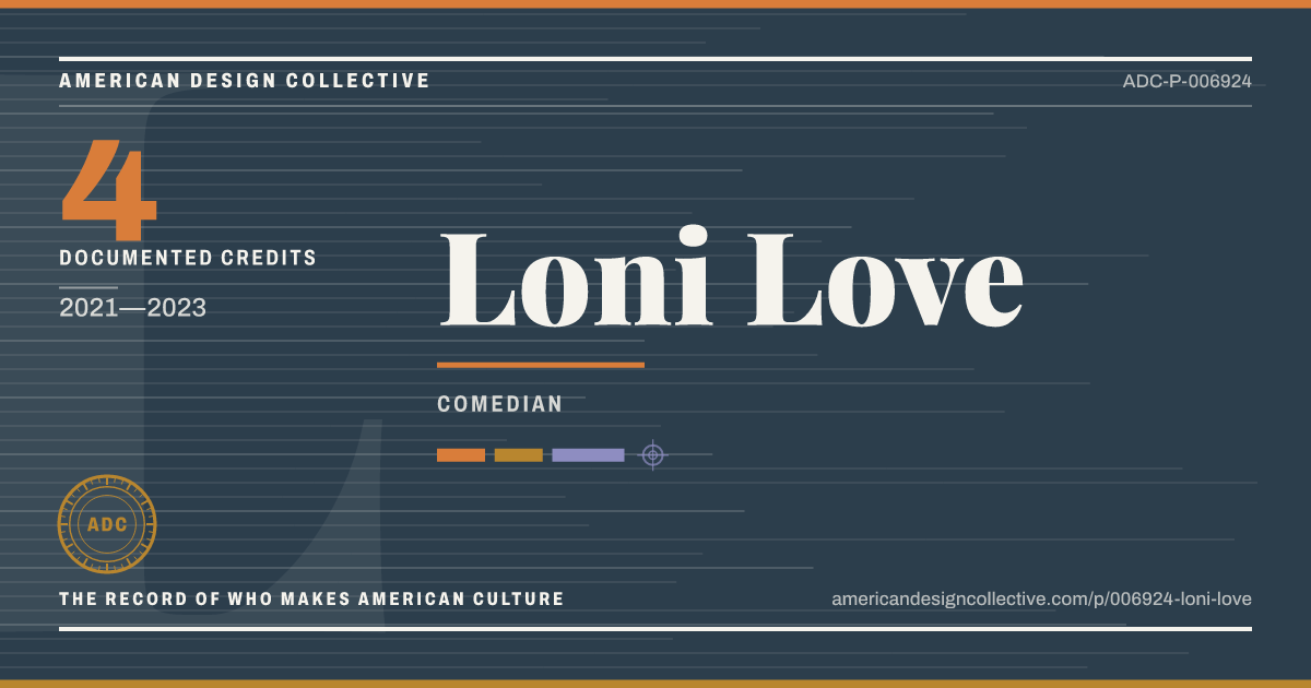 Registry card for Loni Love: the ADC seal, Loni Love, and how much is on record.