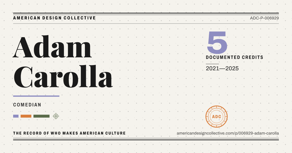 Registry card for Adam Carolla: the ADC seal, Adam Carolla, and how much is on record.