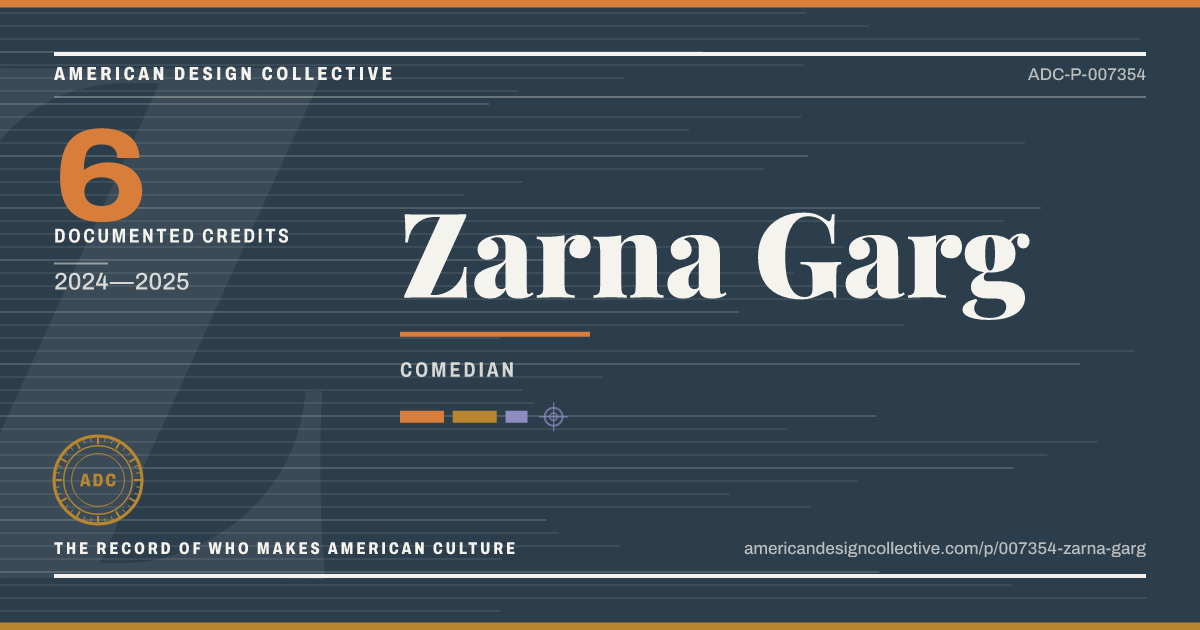 Registry card for Zarna Garg: the ADC seal, Zarna Garg, and how much is on record.