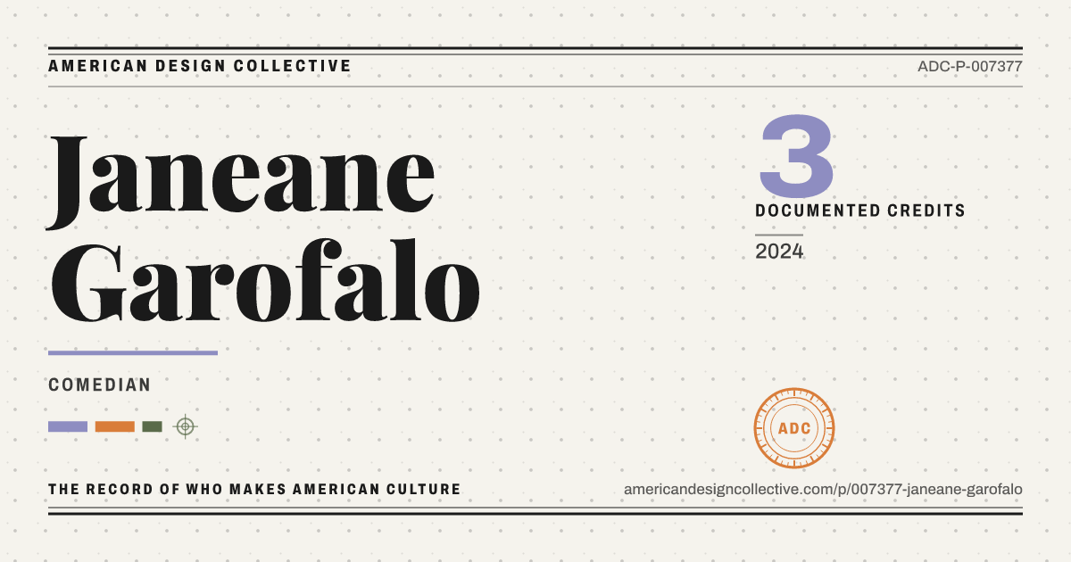 Registry card for Janeane Garofalo: the ADC seal, Janeane Garofalo, and how much is on record.