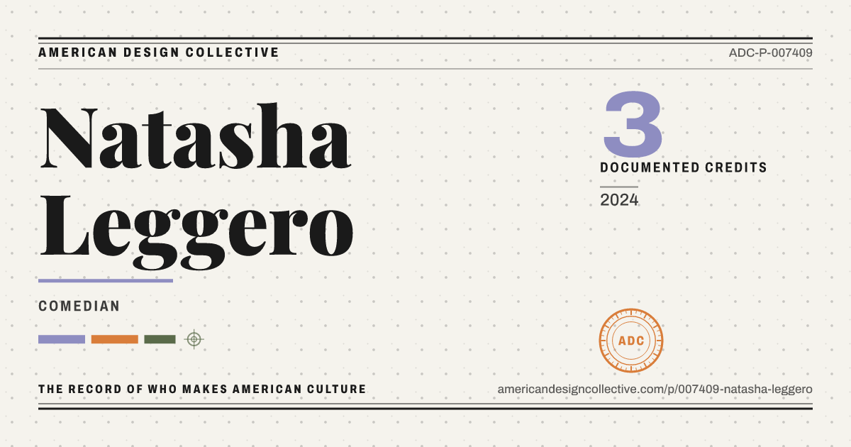 Registry card for Natasha Leggero: the ADC seal, Natasha Leggero, and how much is on record.