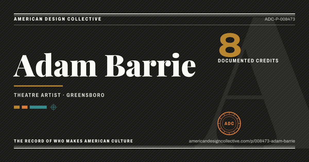 Registry card for Adam Barrie: the ADC seal, Adam Barrie, and how much is on record.