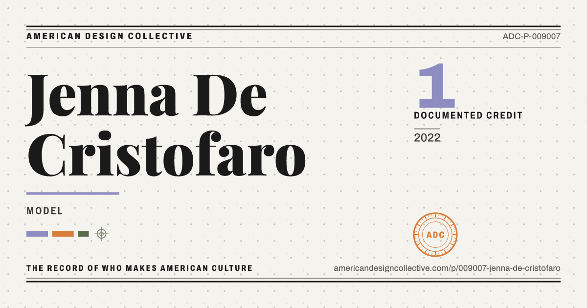 Registry card for Jenna De Cristofaro: the ADC seal, Jenna De Cristofaro, and how much is on record.
