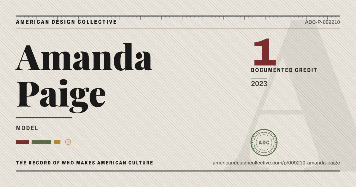 Registry card for Amanda Paige: the ADC seal, Amanda Paige, and how much is on record.