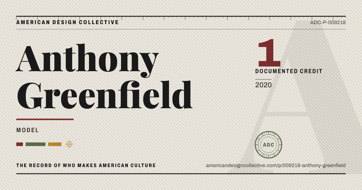 Registry card for Anthony Greenfield: the ADC seal, Anthony Greenfield, and how much is on record.