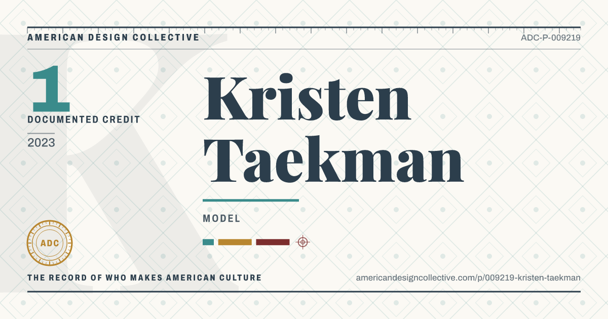 Registry card for Kristen Taekman: the ADC seal, Kristen Taekman, and how much is on record.