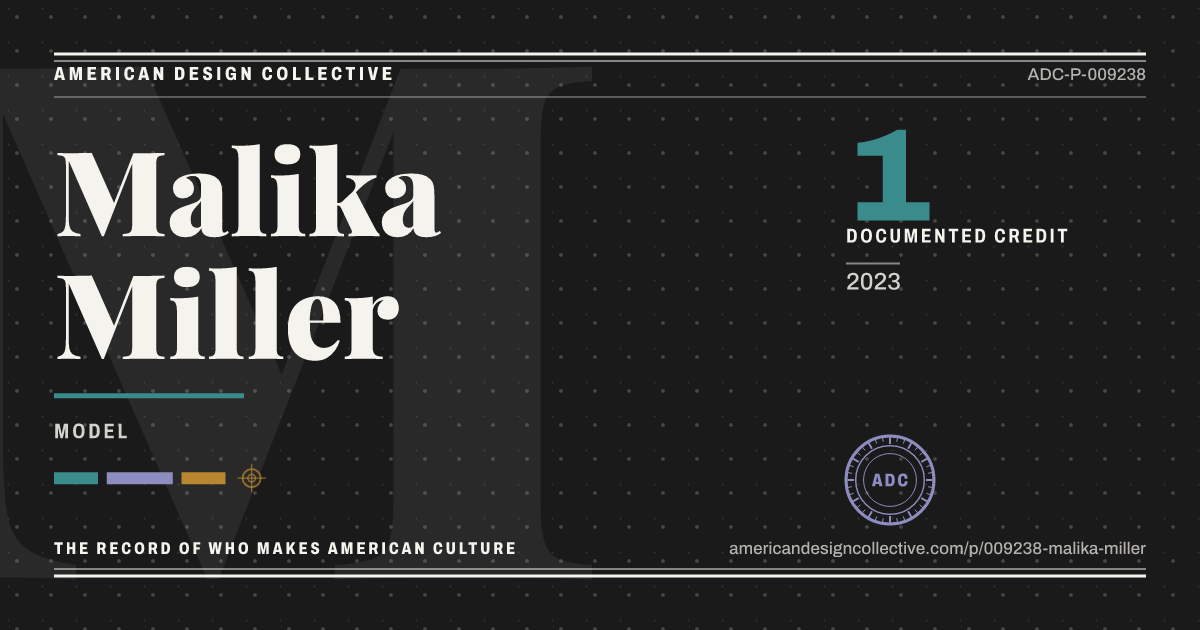 Registry card for Malika Miller: the ADC seal, Malika Miller, and how much is on record.