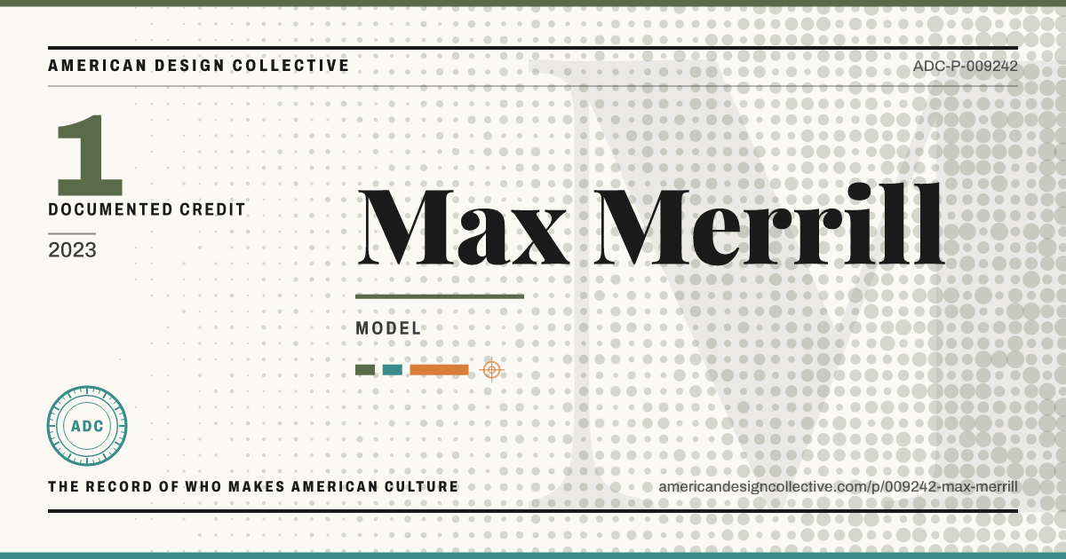 Registry card for Max Merrill: the ADC seal, Max Merrill, and how much is on record.